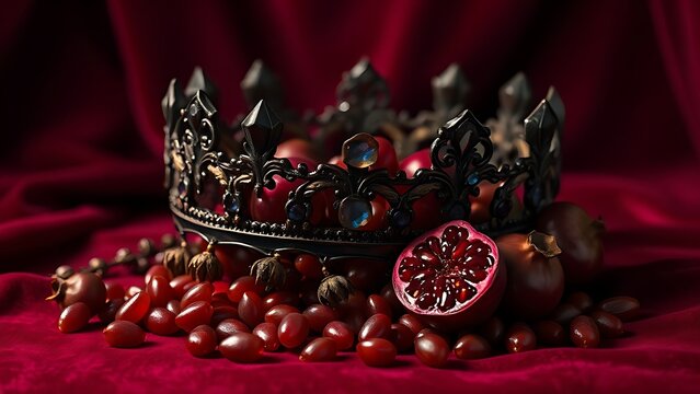 epilogue. Obsidian crown and pomegranate seeds on crimson velvet in dramatic lighting. event programs, museum guides, designed for cultural heritage projects and event programs.