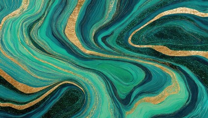 Swirling teal, turquoise, and gold abstract fluid art, mimicking marble texture