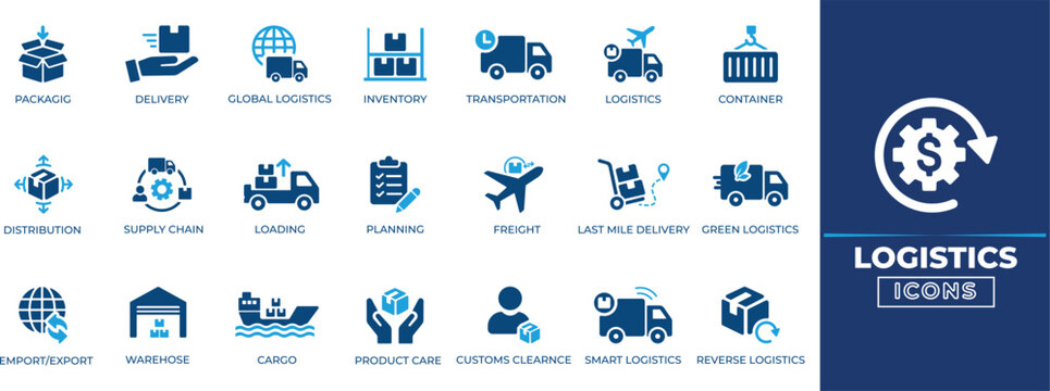 Logistics solid icon set for shipping, warehouse, dispatch, efficiency, forklift, global, import, management, operation, supply chain, freight, global shipping. vector, editable.