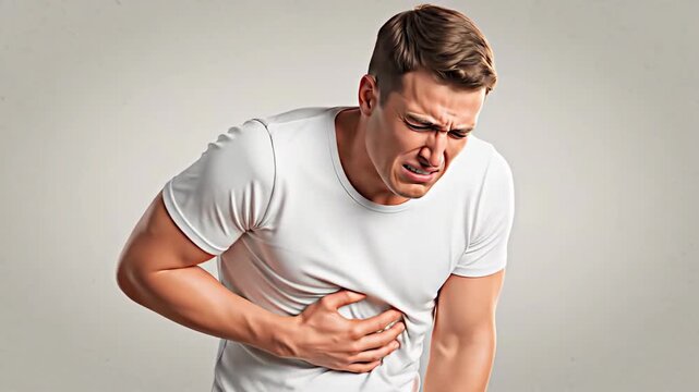 Man Experiencing Sharp Pain and Discomfort in Abdomen from Stomach Cramps Anxiety or Food Poisoning