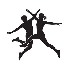 Silhouette of a couple mid air displaying a dynamic dance or movement pose