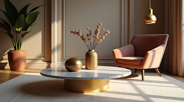 Elegant living room with a round marble coffee table, gold decor accents, a comfortable pink armchair, and a tall green plant, bathed in sunlight