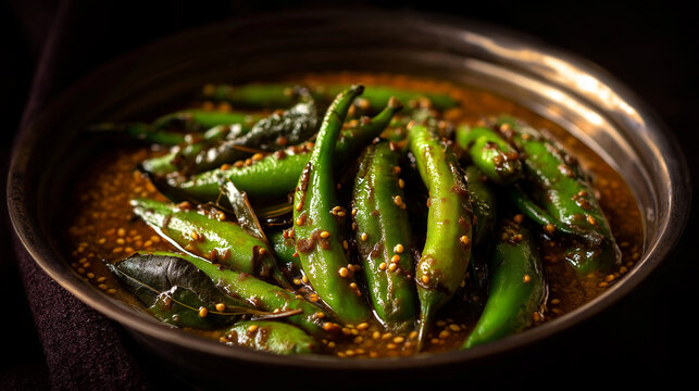 Green long chilies simmered in peanut-sesame rich gravy, earthy brown color, oil glistening, mustard seeds, curry leaves, traditional Hyderabadi bowl