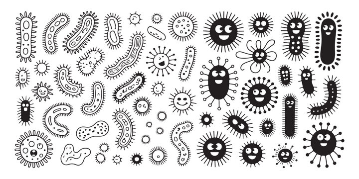 Bacteria and virus microorganism characters with faces. cute germ microbes set