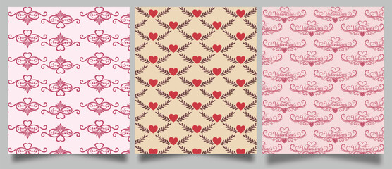Romantic Valentine&rsquo;s Day Seamless Pattern Set with Hearts and Love Ornaments