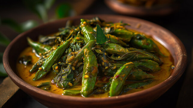 Green long chilies simmered in peanut-sesame rich gravy, earthy brown color, oil glistening, mustard seeds, curry leaves, traditional Hyderabadi bowl