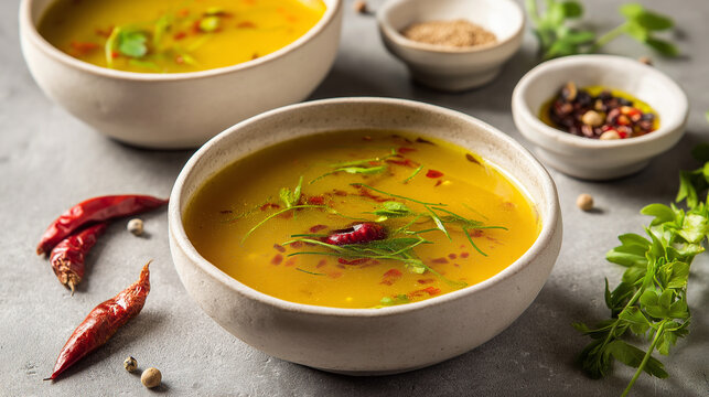 Gujarati dal with thin golden-yellow lentil broth, sweet-tangy notes of jaggery and tamarind, floating chilies and mustard seeds