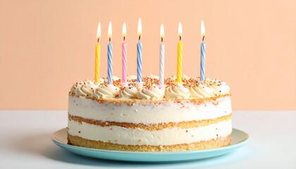 A festive birthday cake with burning candles, celebrating a special occasion with joy and happiness