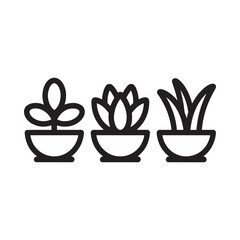 Simple black and white illustration of three potted plants in a row