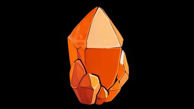 Stylized orange crystal cluster with sharp facets, hand-drawn style, isolated on black background. Concept of energy, fantasy or magic