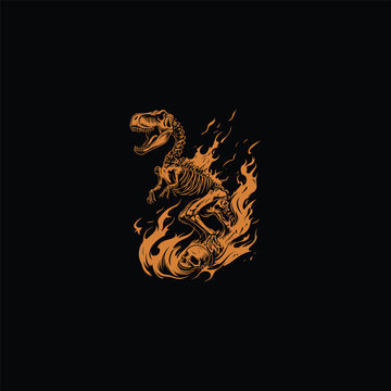Skeleton of Tyrannosaurus Rex dinosaur on fire with human skull, aggressive line art illustration isolated on black background.