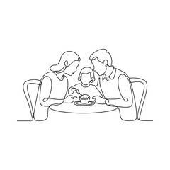 A family sharing a meal together depicted in a single continuous line drawing