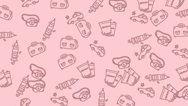 Seamless repeating pattern featuring a hand-drawn style outline of various travel and road trip items, including cars, suitcases/luggage, cameras, snack bags, and rolled blankets/sleeping bags