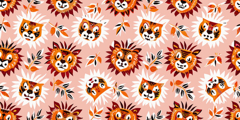 Repeating pattern of whimsical lion faces on a soft pink background