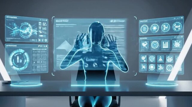 Futuristic Desk Interface with Generic Silhouette and Floating Holographic Panels &ndash; Seamless 4K Loop