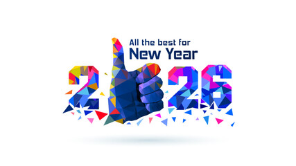 Modern New Year number 2026 integrated with a colorful, festive, geometric thumbs-up sign design for a good luck wish card.
