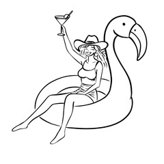 Woman on Flamingo Pool Float with Cocktail, Summer Line Art Illustration