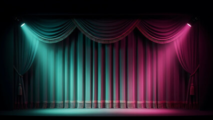 Empty Stage with Vibrant Teal and Magenta Curtains and Dramatic Spotlights