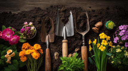 Gardening tools and flowers arranged on garden soil.