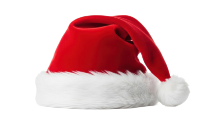 A festive red Santa hat with soft white fur trim and a playful pom-pom, isolated on a black background. Perfect for Christmas and holiday themes.