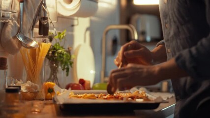 A culinary expert arranges cauliflower and onions with garlic and herbs on parchment, preparing a vegetarian dish for roasting, a key step in crafting a delicious dinner