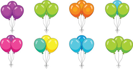 Colorful balloon bunch illustration set featuring bright party balloons in different color combinations, festive celebration vector elements for birthday and event designs © Sumon Creative