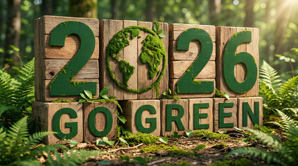 Go Green 2026 Text on Mossy Wooden Blocks with Earth Icon
