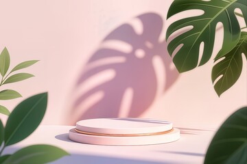 Product display podium with nature leaves on white background. 3D rendering