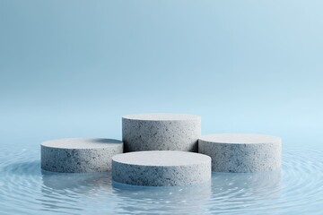 3d podium on water ripples backdrop. Illustration of product platform on a aqua wavy background. 3d rendering.