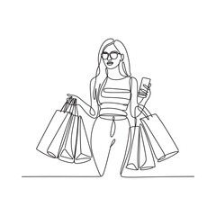 A continuous line drawing of a woman with shopping bags and a phone