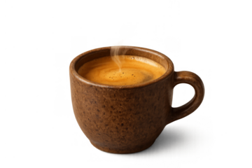 Steaming hot espresso coffee in a rustic brown ceramic mug, enjoying a morning caffeine drink, transparent background