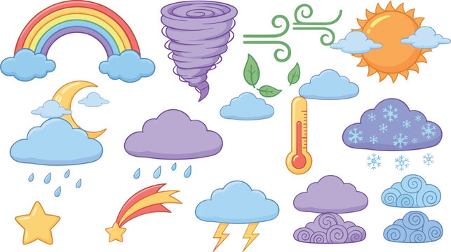 Colorful cartoon weather icon set with sun clouds rain snow wind rainbow storm and temperature symbols, cute playful vector illustrations for forecasts