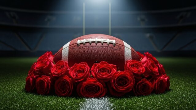 American football with roses on green field in stadium for Rose Bowl Game
