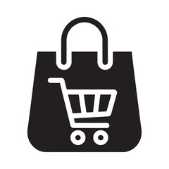 A black shopping bag icon with a white shopping cart graphic inside