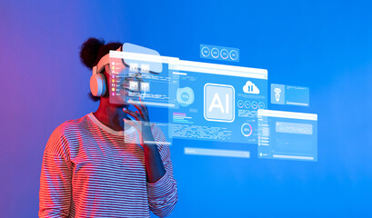 A young woman engages with a virtual reality headset, surrounded by glowing holographic elements depicting AI concepts, showcasing the future of digital interaction and technology. XDMCP