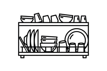 Dishes placed in dishwasher rack line art vector illustration