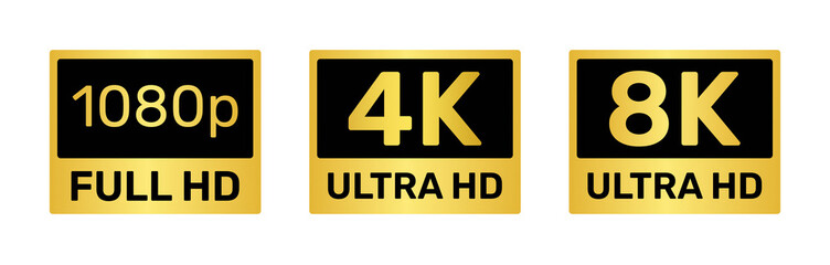 Golden Video Resolution Labels: 1080p Full HD, 4K Ultra HD, and 8K Ultra HD Icons Set on Transparent Background