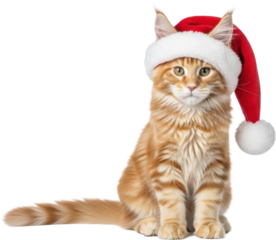 Ginger cat in Santa hat on white background festive portrait