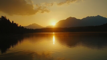 Fototapeta premium Serene Sunset Over Mountain Lake at Dusk