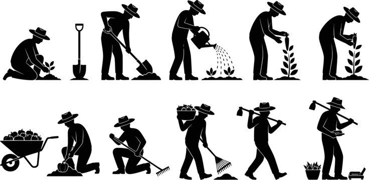 Country Farmers & Gardeners &ndash; Editable Vector Silhouette Set of Florists, Growers, and Rural People