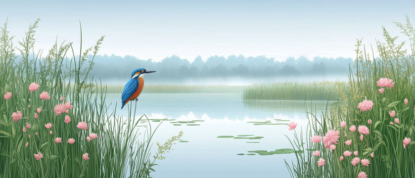 Vibrant kingfisher perches amidst tall reeds and pink flowers by a serene, misty lake with distant forest