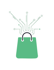 Digital Shopping Cart: A sleek, green shopping cart design, at the heart of an interconnected digital network. Conveying the seamless integration of online commerce