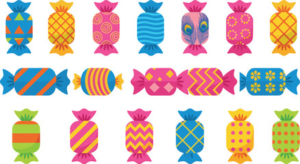 Colorful wrapped candy illustration set with bright patterns and decorative sweets, playful confectionery vector collection for party packaging and kids designs