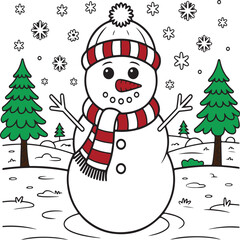 Cheerful Snowman in Winter Landscape with Trees and Snowflakes
