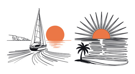 Sunset Scene Illustrations with Sailboat and Palm Tree