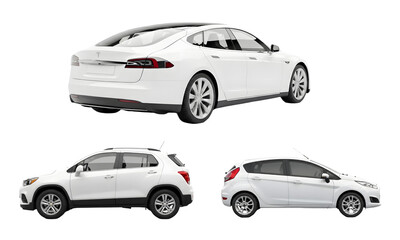Obraz premium Set of three isolated white cars: a modern luxury sedan (electric car), a compact SUV, and a hatchback. Side and rear view collection on a transparent background for digital advertising