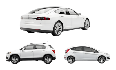 Set of three isolated white cars: a modern luxury sedan (electric car), a compact SUV, and a hatchback. Side and rear view collection on a transparent background for digital advertising