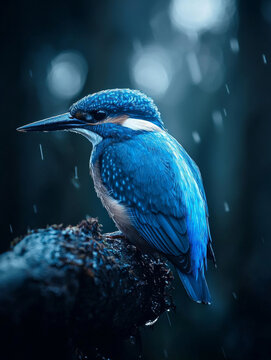 Vivid blue bird perches on a wet, mossy branch amidst falling rain Dark, atmospheric scene with soft bokeh