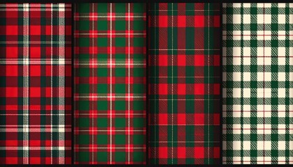 Four Distinct Tartan Plaid Fabric Patterns in Red Green and White.
