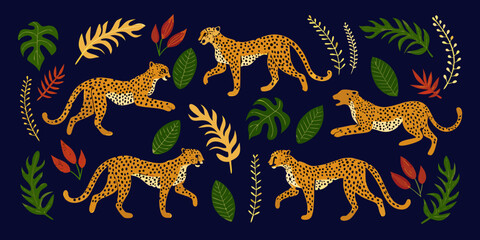 Stylized leopards amidst tropical foliage a vibrant and artistic illustration © Sudebi